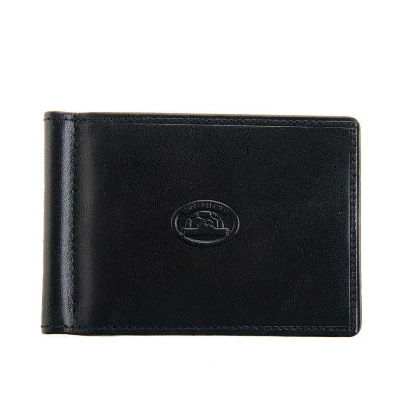 Tony Perotti Italico 2312 nero men's black leather money clip wallet — closed front view with the embossed oval Tony Perotti emblem and the metal clip along the spine