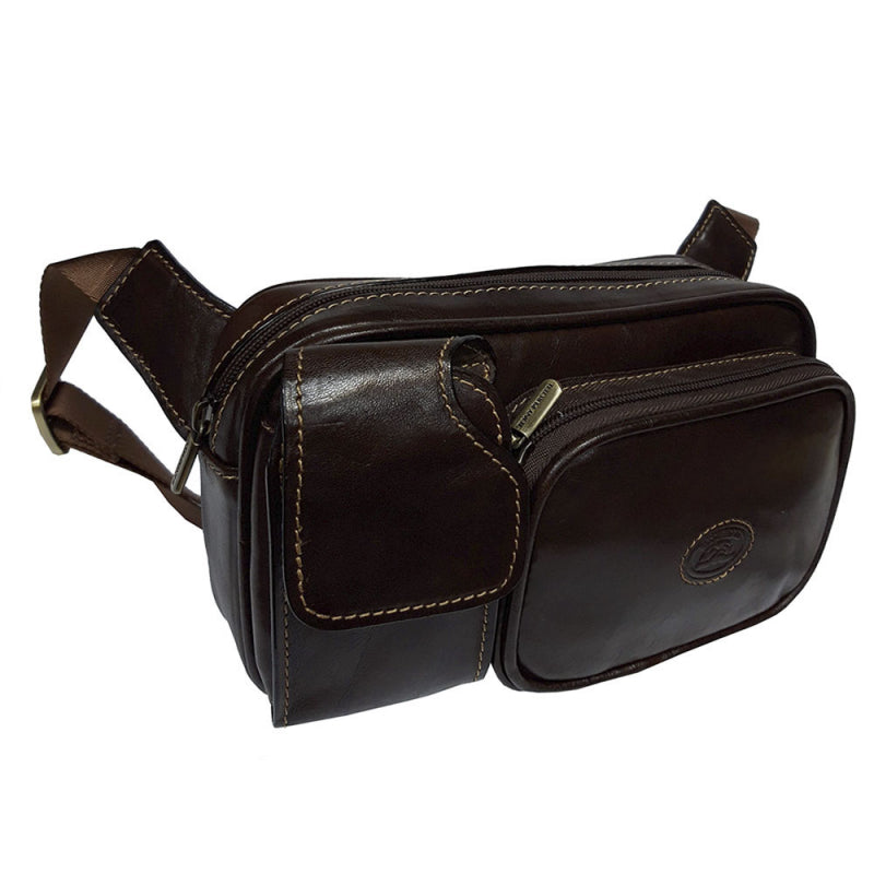 Brown Tony Perotti Italico 8606 leather waist bag at an angle — rounded front zip pocket with the embossed oval badge and the flap pocket beside it
