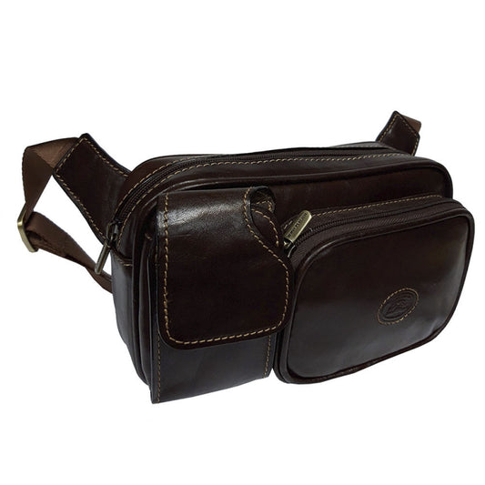 Brown Tony Perotti Italico 8606 leather waist bag at an angle — rounded front zip pocket with the embossed oval badge and the flap pocket beside it