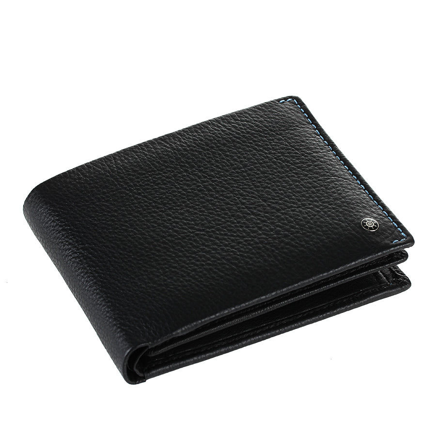 Tony Perotti Timone 11012 black leather bifold wallet lying closed, angled top view