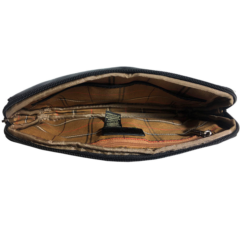 Inside the black Italico 9405 clutch — branded checked lining, hologram tag of authenticity and inner zip pocket