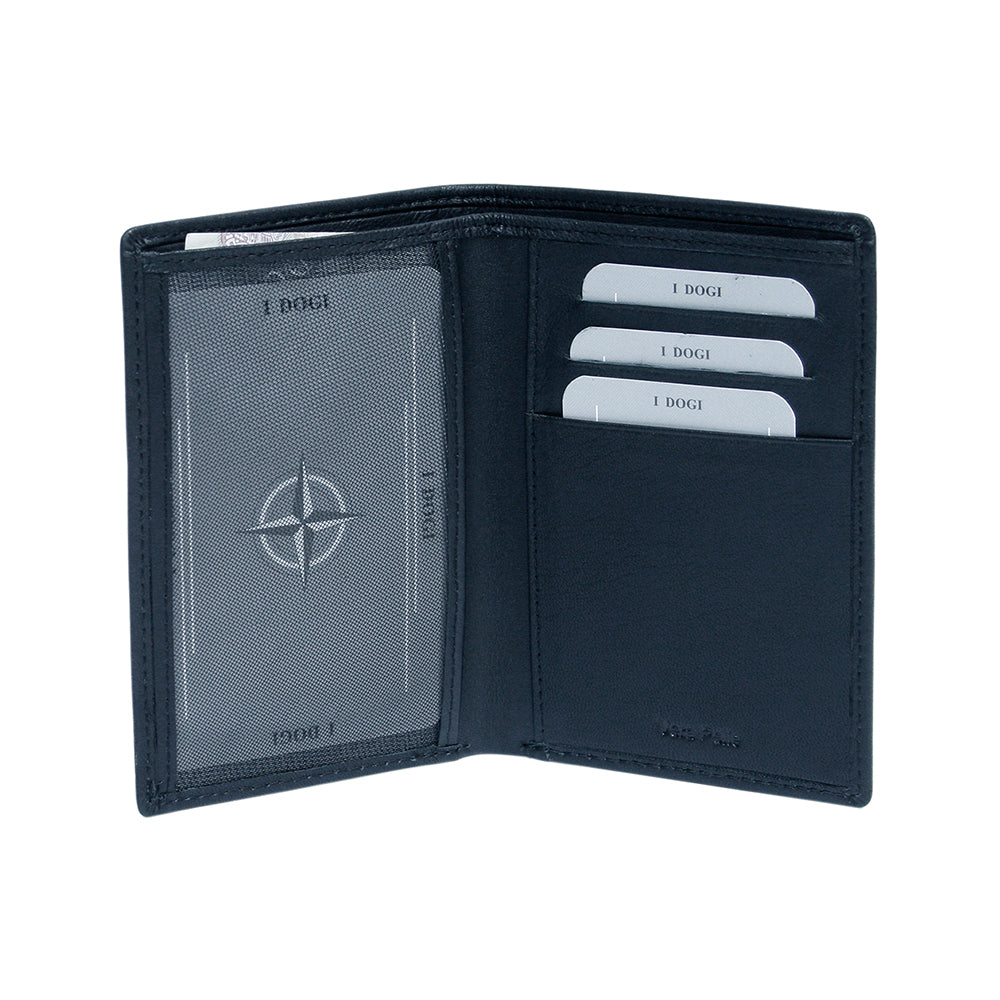 Navy document holder Tony Perotti Cortina 5015 navy opened flat — mesh ID window on one side, three stepped card slots and a Vera Pelle pocket on the other