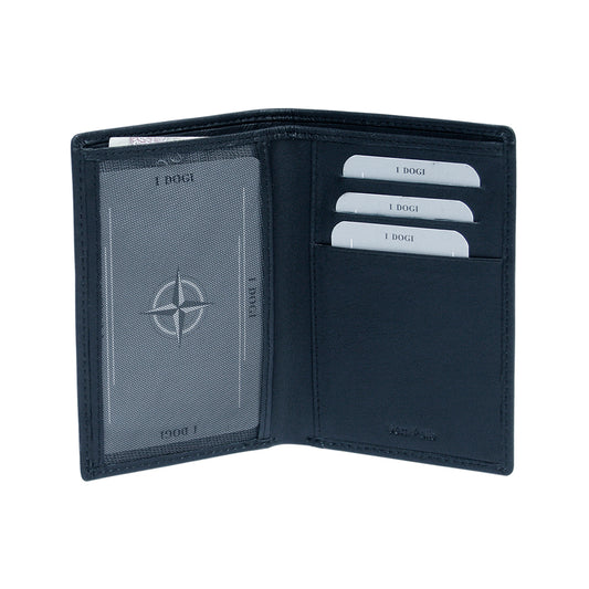 Navy document holder Tony Perotti Cortina 5015 navy opened flat — mesh ID window on one side, three stepped card slots and a Vera Pelle pocket on the other