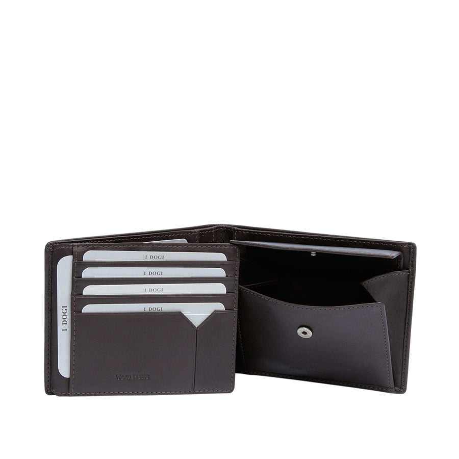 Tony Perotti Cortina 5036 moro opened — four card slots and a slip pocket on the left, the snap coin pocket open on the right