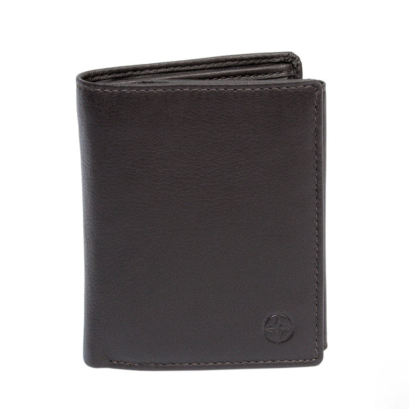 Dark brown Tony Perotti Cortina 5054 vertical bifold wallet seen straight on, closed, with the embossed compass rose in the lower corner