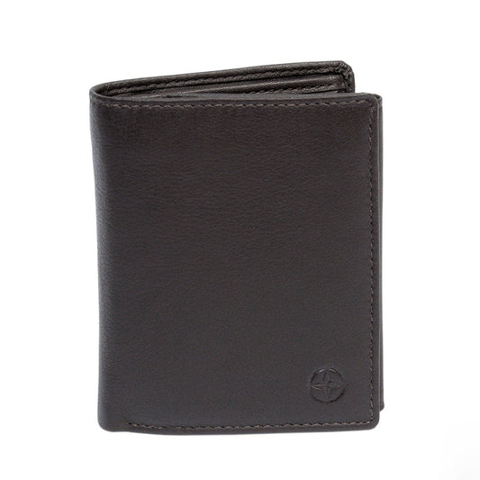 Dark brown Tony Perotti Cortina 5054 vertical bifold wallet seen straight on, closed, with the embossed compass rose in the lower corner