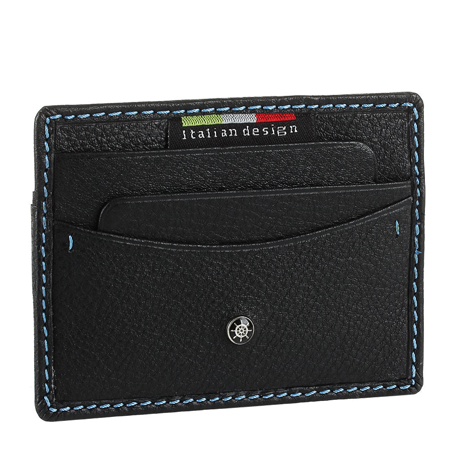 Tony Perotti Timone 11043 nero — the card holder straight on, showing the light blue contrast stitching around the edge