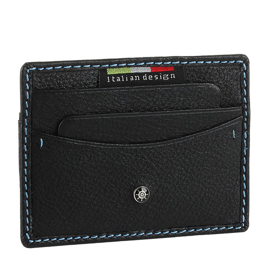 Tony Perotti Timone 11043 nero — the card holder straight on, showing the light blue contrast stitching around the edge