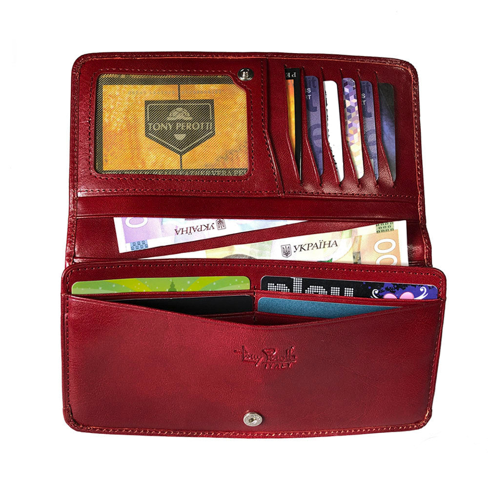 Tony Perotti red leather women's wallet open showing card slots and ID window