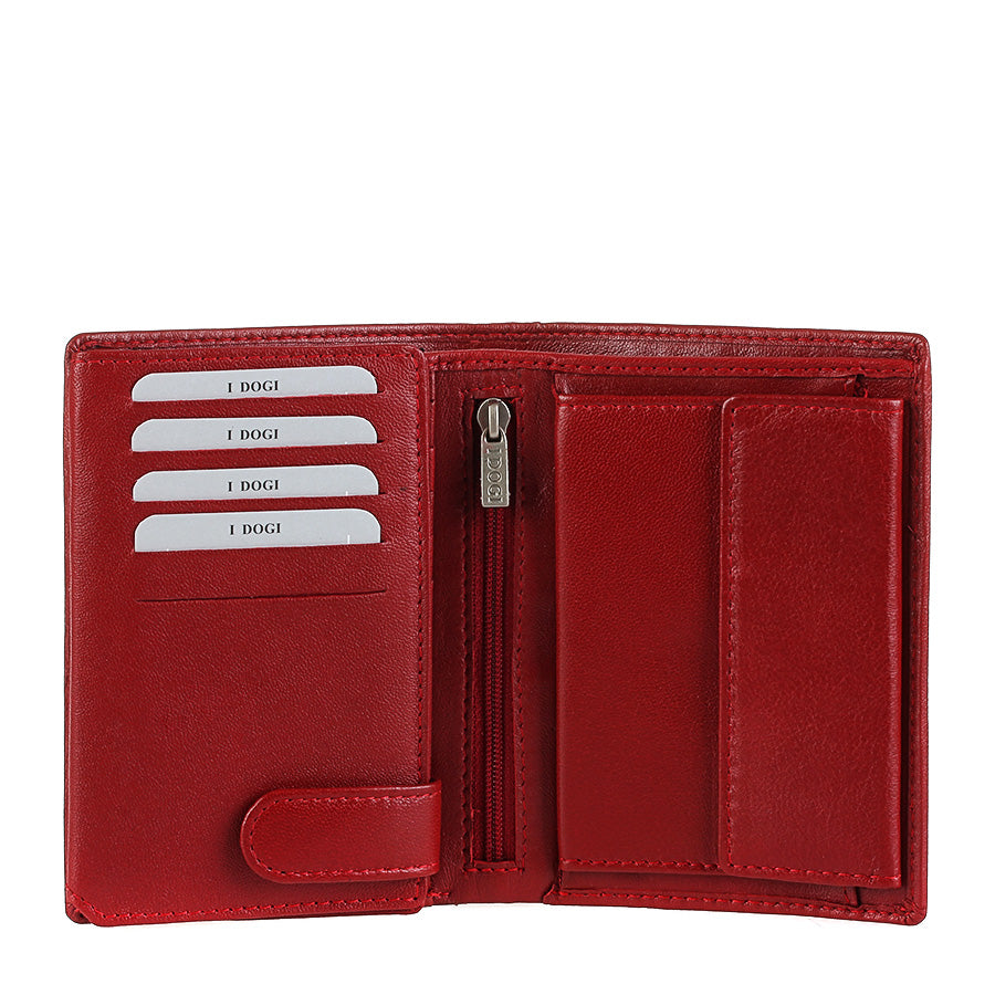 Tony Perotti Cortina 5031 rosso opened — card slots on the left, a zipped coin pocket down the middle and slip pockets on the right