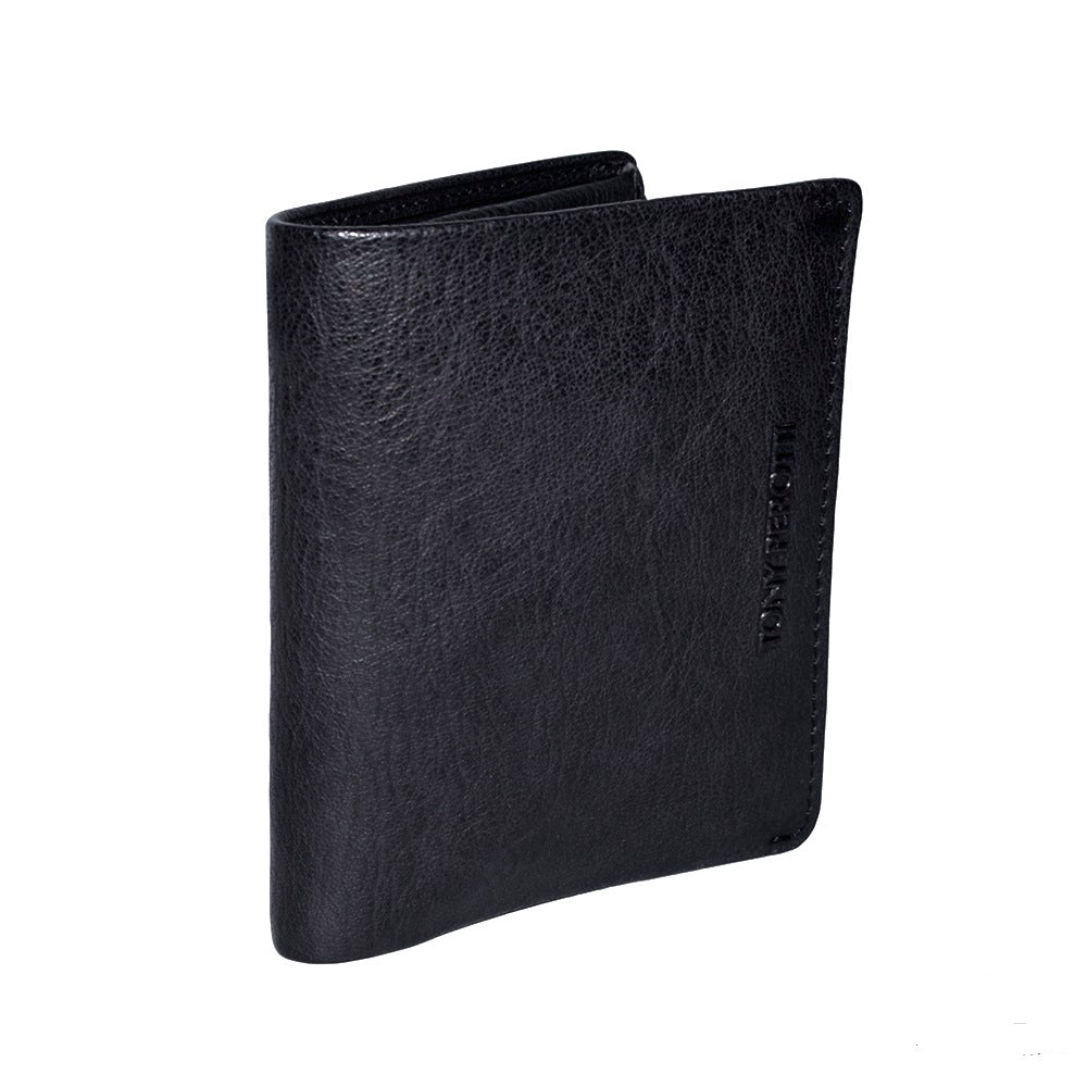 Tony Perotti Varsavia 3480 nero black bull leather wallet standing closed, three-quarter view