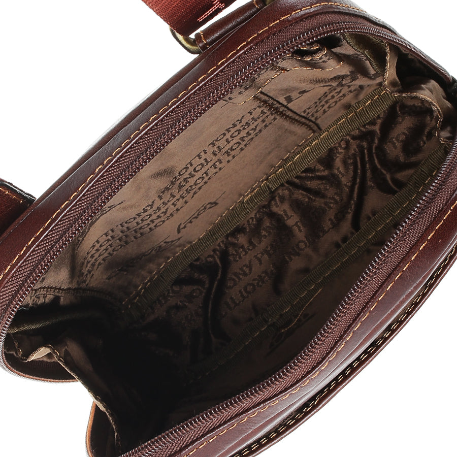 Inside the dark brown Italico 6056 bag — wide zip opening and branded Tony Perotti lining