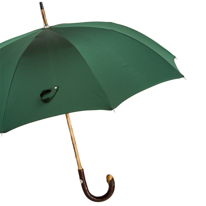 Open dark green umbrella from the side with chestnut shaft and crook handle