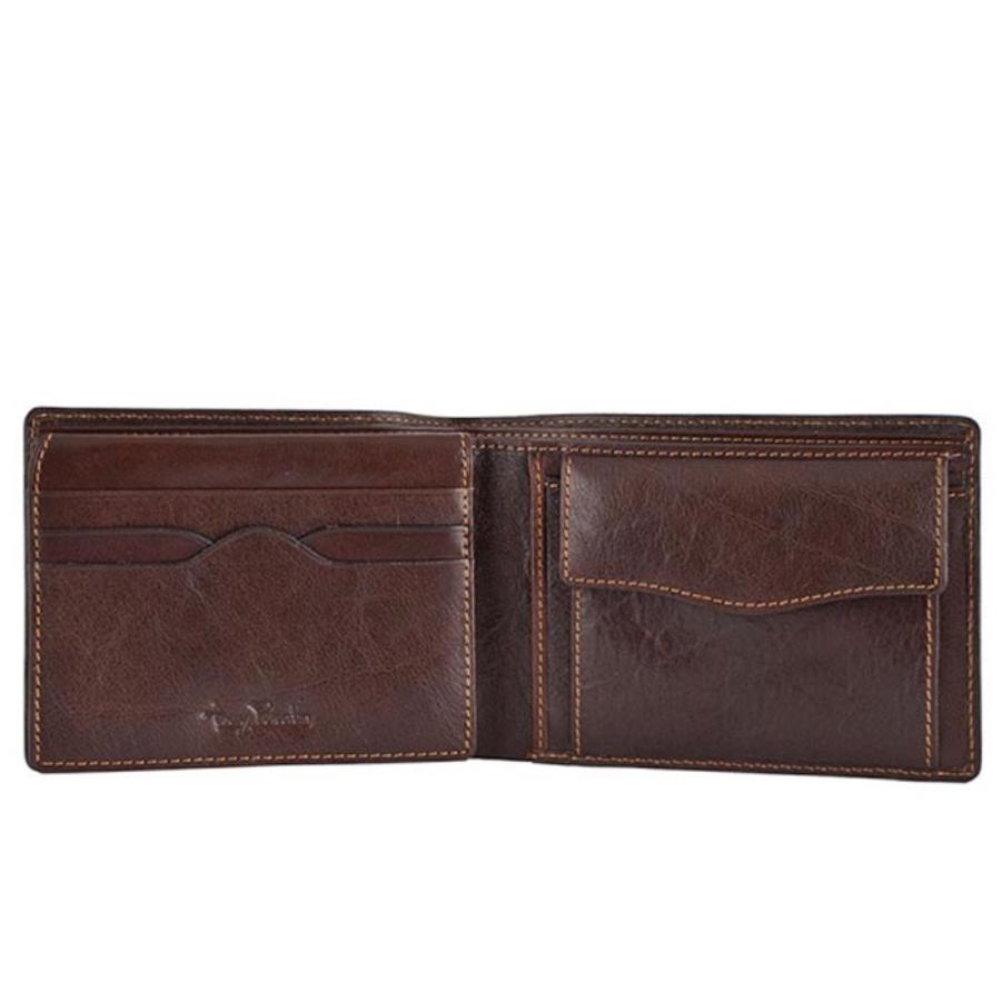 Open dark brown leather bifold wallet with card slots and coin pocket — Tony Perotti Italico 396