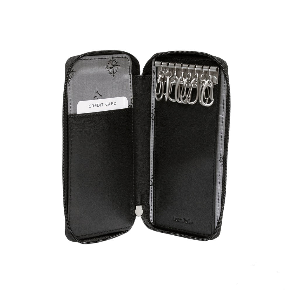 Tony Perotti Cortina 5026 nero — open: eight snap hooks on the metal bar on the right, leather card pocket on the left, grey «I DOGI» lining