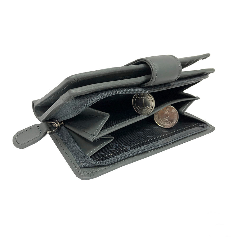 Two-section zip coin pocket on the back of the gray New Rainbow 1654 wallet