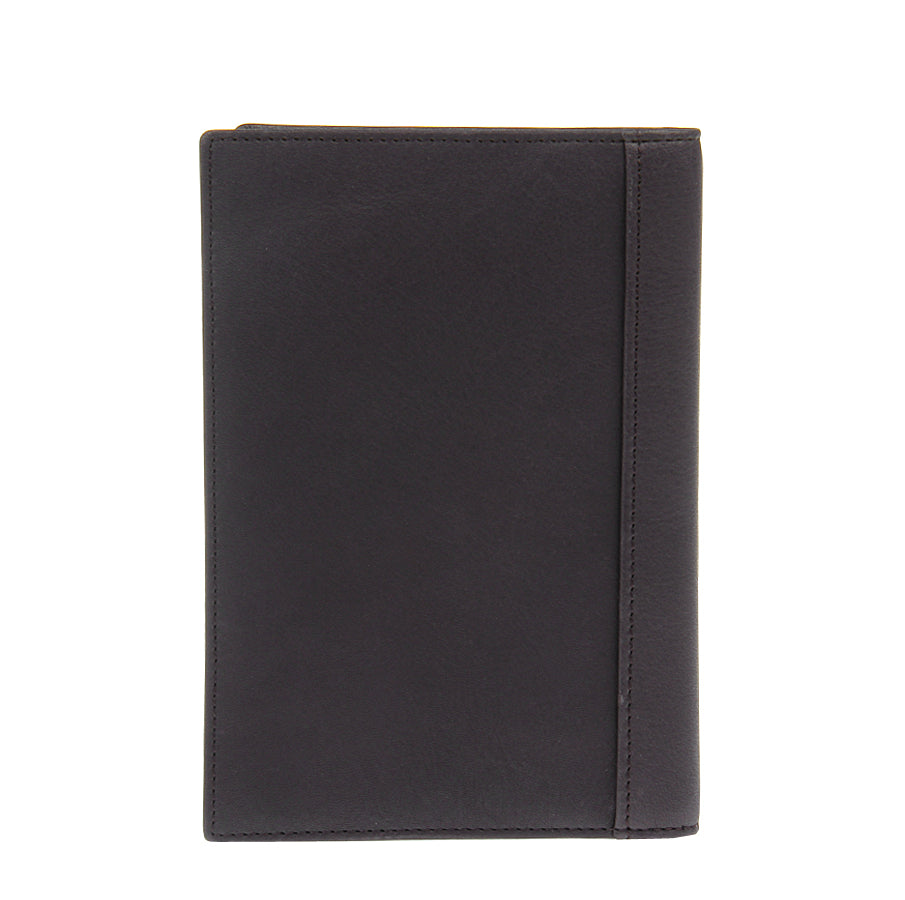 Back of dark brown leather vertical travel wallet Tony Perotti Contatto 3051 moro with stitched spine panel