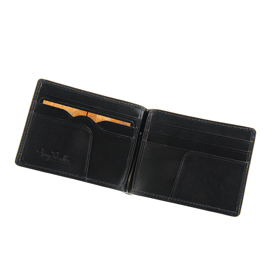 Tony Perotti Italico 2312 nero black leather money clip wallet open at an angle — the spring metal clip between the two card sections