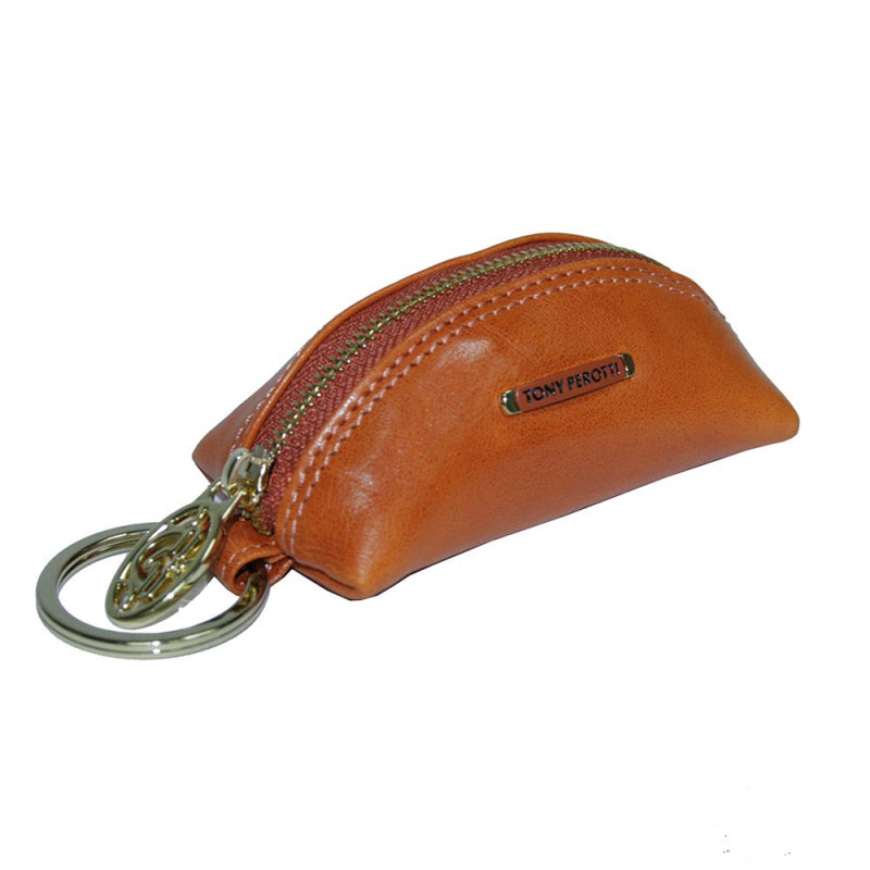 Tony Perotti Topkapi KR-186 mandarino — orange leather car key case closed, with the metal «TONY PEROTTI» plate, the gold zip and the split ring