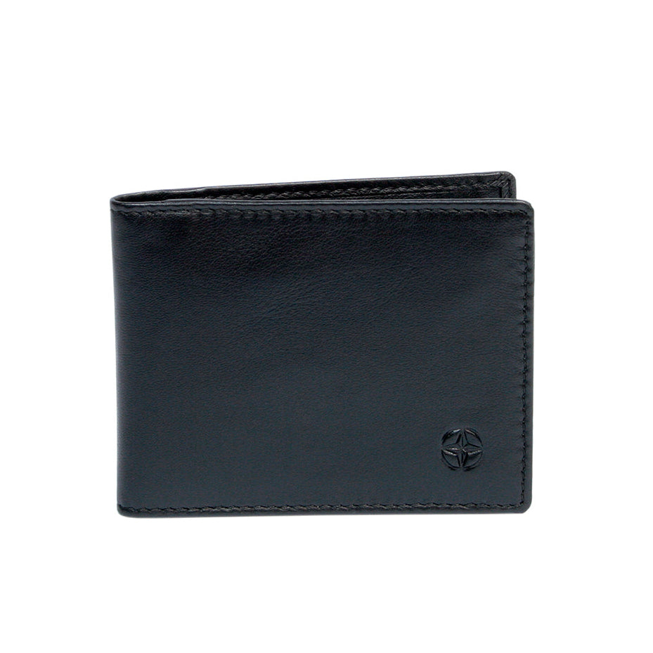 Tony Perotti Cortina 5044 nero — the black leather business card holder closed, with the embossed compass rose on the front