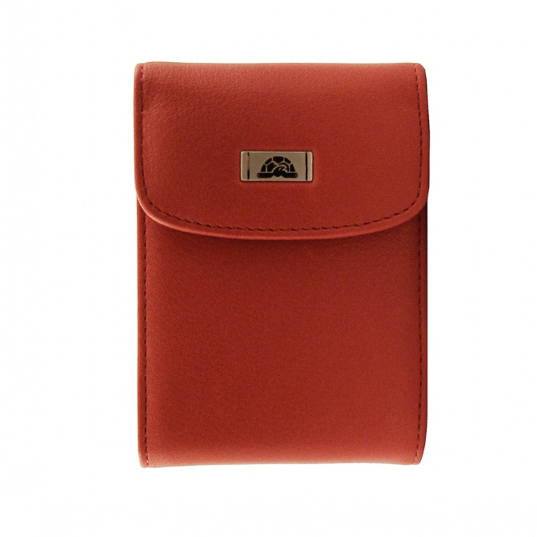 Tony Perotti Contatto 1703 rosso — the red leather business card holder closed, with the silver-tone turtle plate on the flap