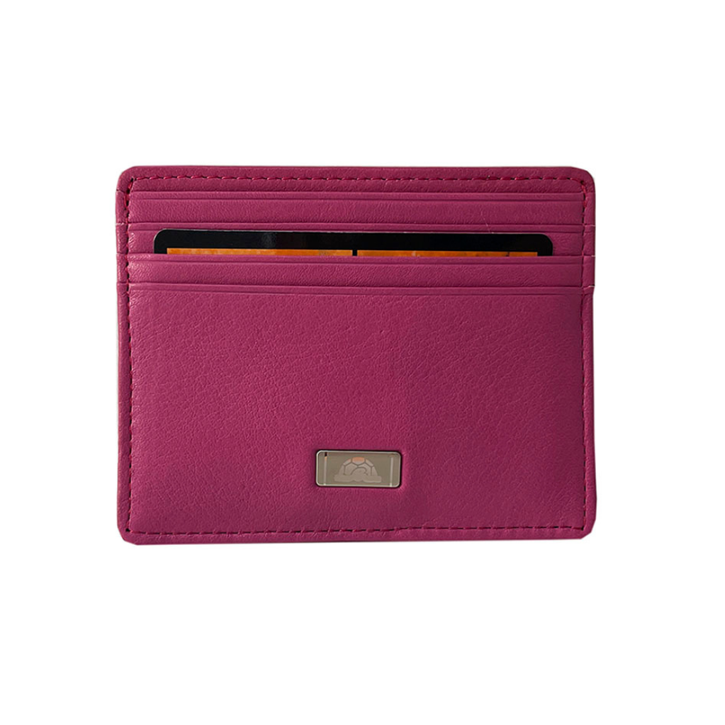 Pink leather slim card holder Tony Perotti Contatto 2236N dalia front view with three card slots and metal Tony Perotti plate