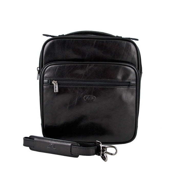 Tony Perotti Italico 7058 men's black leather shoulder bag — front view with top handle, front zip pocket, embossed turtle and detachable strap with shoulder pad