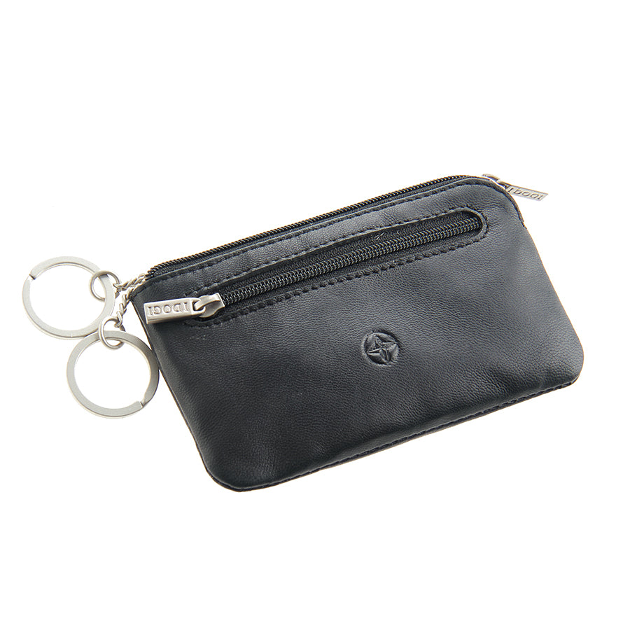 Black leather key pouch with two key rings on chains pulled out — Tony Perotti Cortina 5002 nero