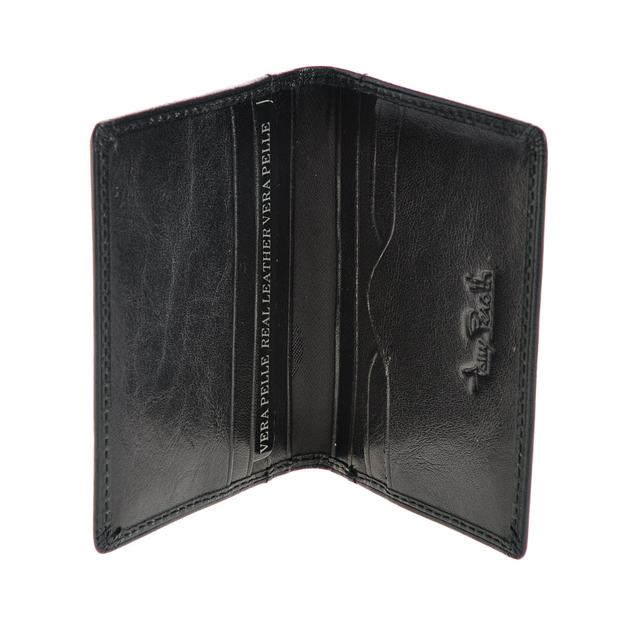 Black leather card holder open, standing, handcrafted in Italy — Tony Perotti Italico 1034 nero