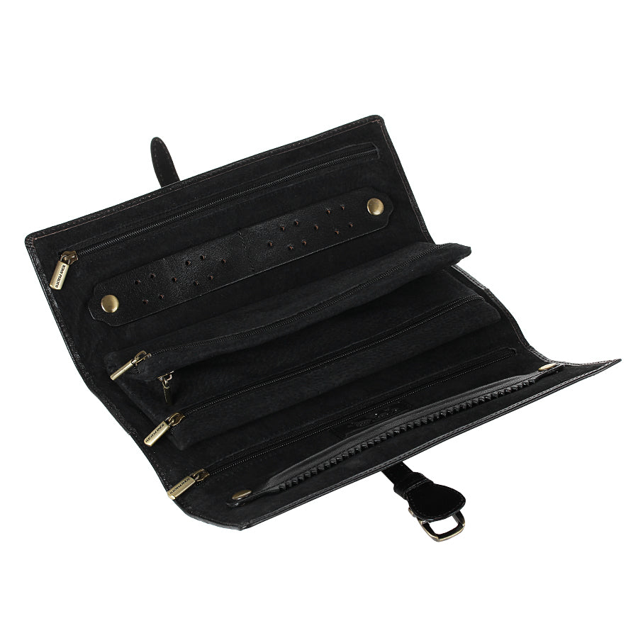 Tony Perotti Italico 1286 nero jewelry case opened — zip pockets, an earring holder with 20 holes and the ring roll on black velour