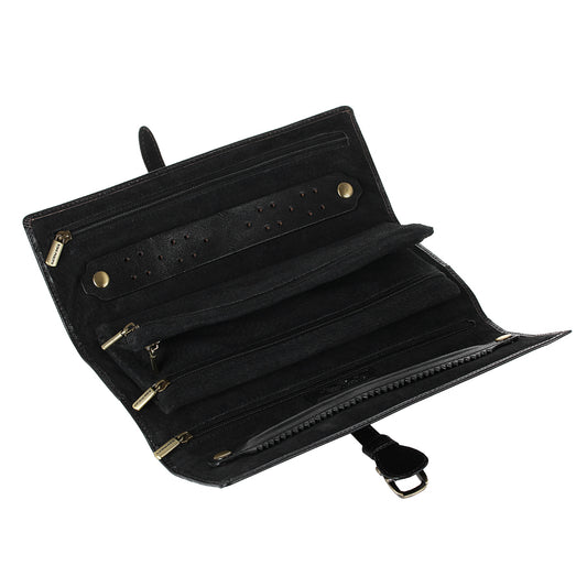 Tony Perotti Italico 1286 nero jewelry case opened — zip pockets, an earring holder with 20 holes and the ring roll on black velour