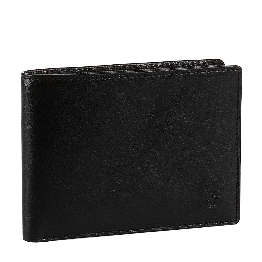 Tony Perotti Viasorte 537 nero black leather bifold wallet standing closed, three-quarter view