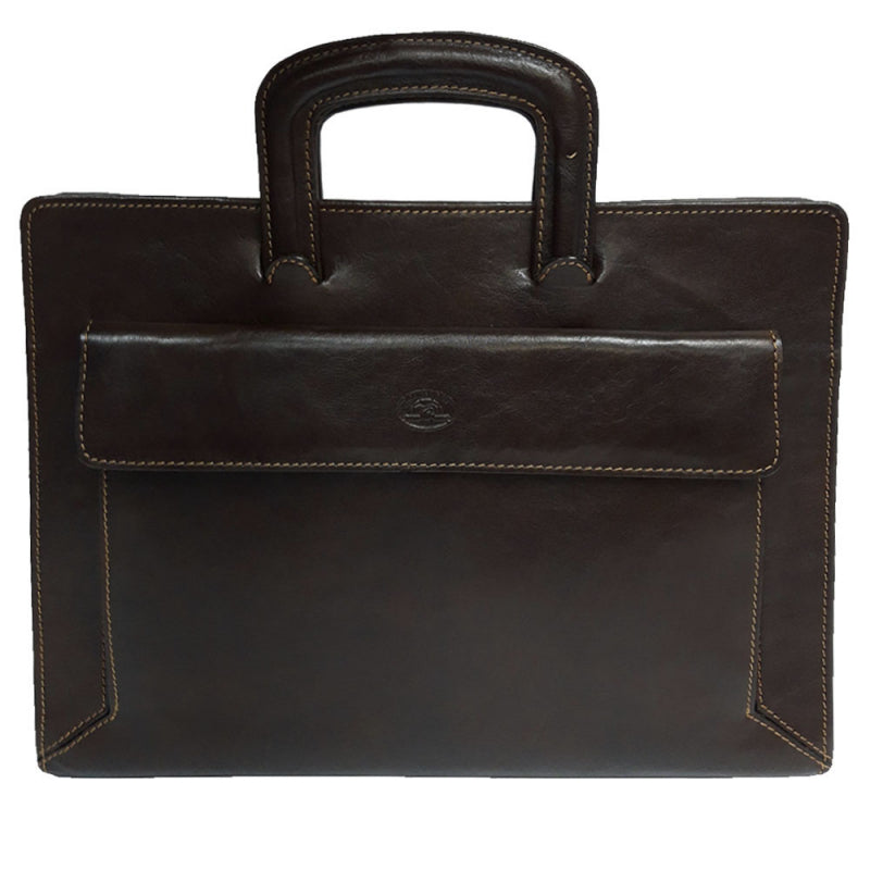 Tony Perotti Italico 8232 dark brown leather zip portfolio — front view with retractable handles up and flap patch pocket with embossed turtle emblem