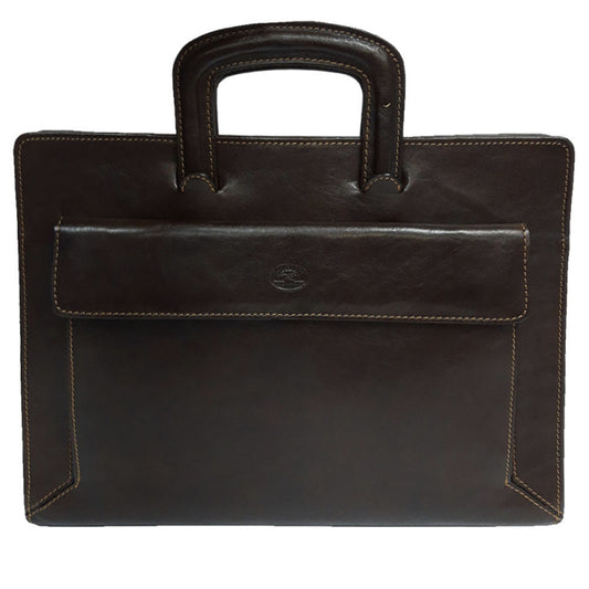 Tony Perotti Italico 8232 dark brown leather zip portfolio — front view with retractable handles up and flap patch pocket with embossed turtle emblem