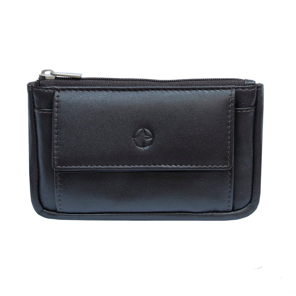 Tony Perotti Cortina 5060 moro — dark brown leather key pouch, front with the snap-flap pocket, the embossed compass rose and a slip pocket on either side