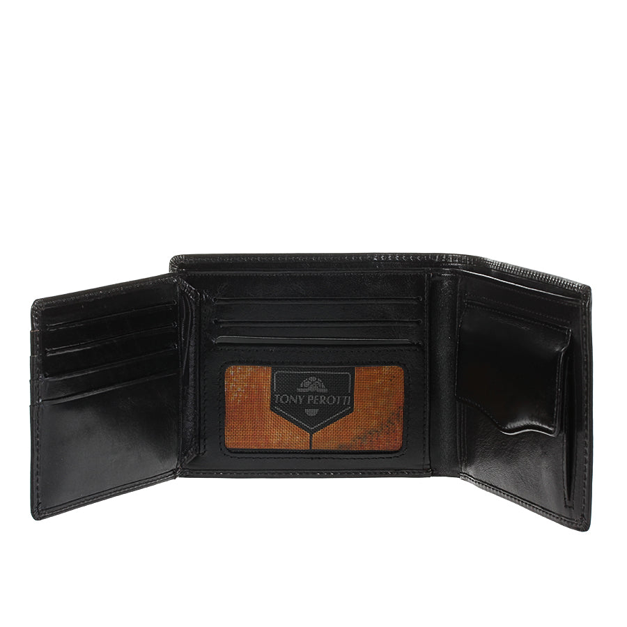 Black leather bifold wallet Tony Perotti Italico 3620 nero — flip opened: card slots, mesh ID window, coin pocket