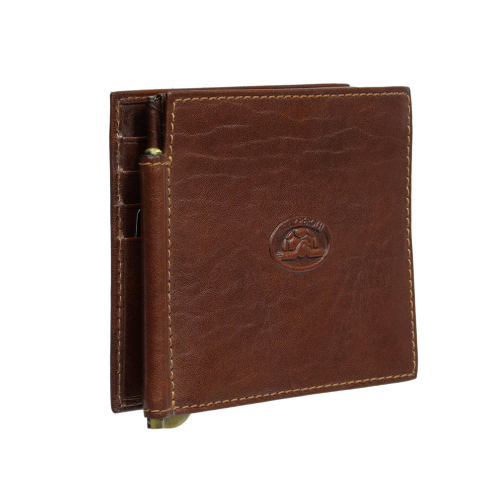 Open cognac leather wallet with two money clips — Tony Perotti Italico 1717