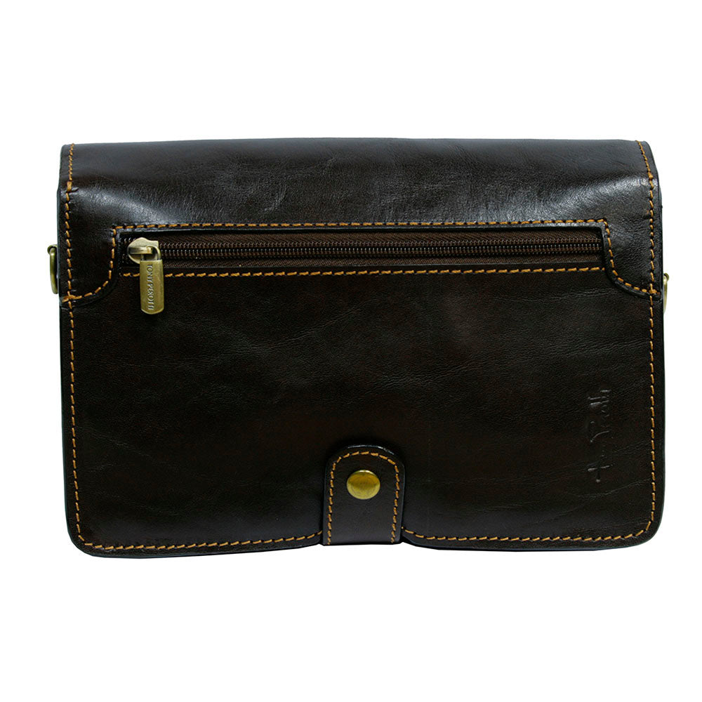 Back of the brown Italico 8263 — full-width zip pocket, snap tab and the embossed Tony Perotti signature