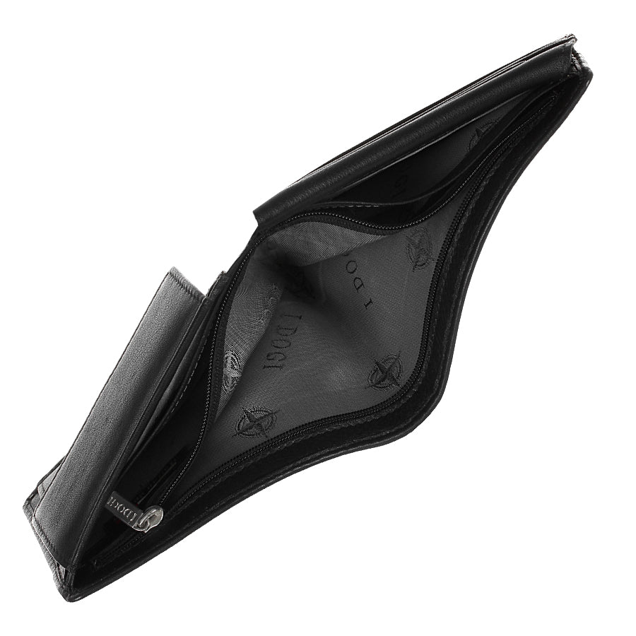 Tony Perotti Cortina 5057 nero seen open from above — the hidden zipped compartment behind the card slots, lined in branded fabric