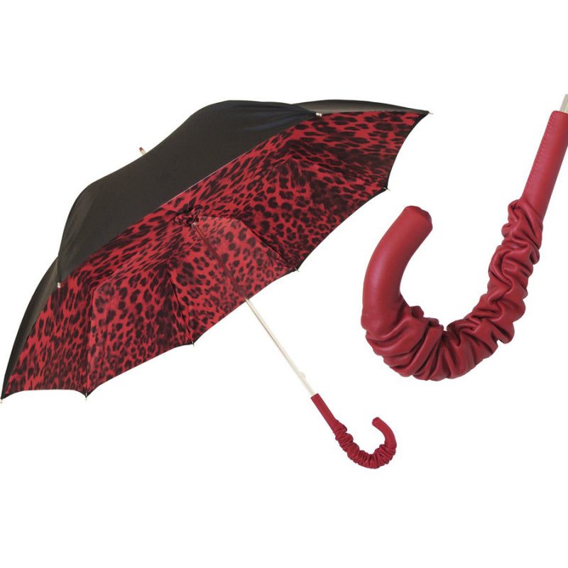 Pasotti women's black umbrella with red leopard print inside and ruched red leather handle, open, with a close-up of the handle — 189N 52417-21 A35
