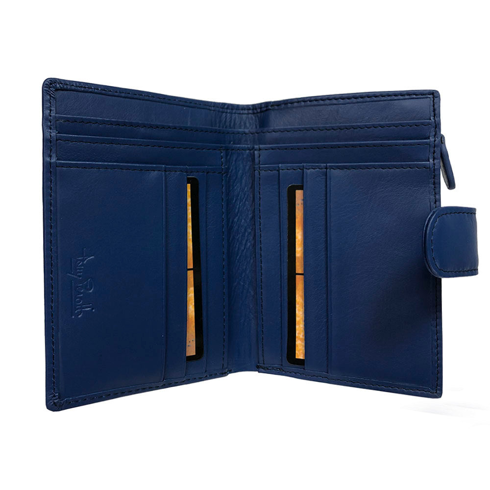 Open blue bifold wallet with two deep banknote compartments