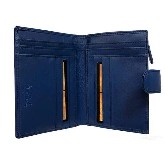 Open blue bifold wallet with two deep banknote compartments