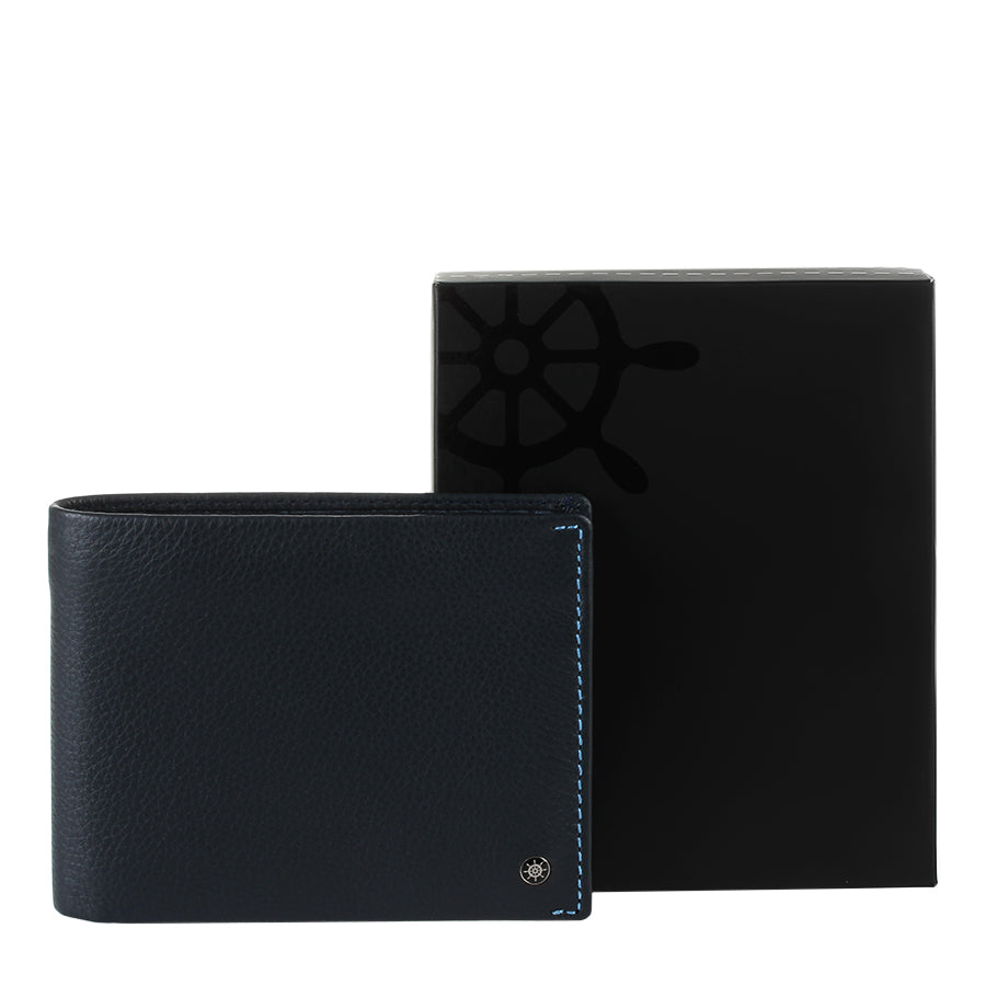 Tony Perotti Timone 11013G navy leather wallet with black gift box printed with a ship's wheel