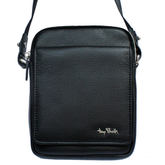 Front of the black Contatto 9148-15 — the magnetic flap pocket with the metal Tony Perotti signature