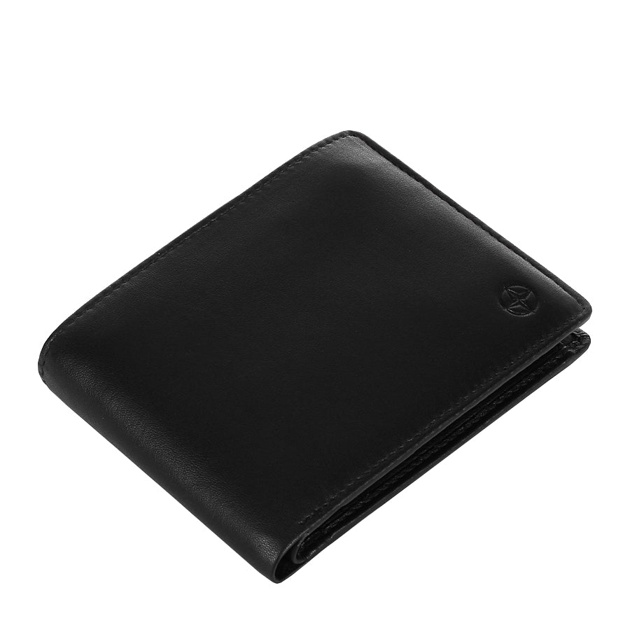 Black Tony Perotti Cortina 5057 wallet lying closed, seen from above — the fold and the slim profile