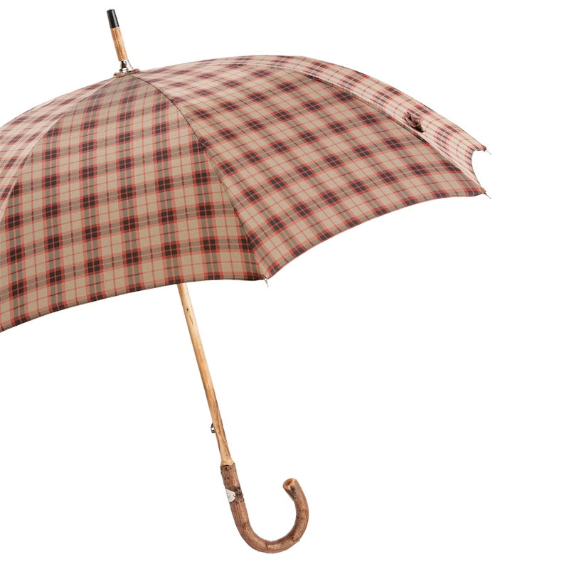 Open check umbrella from the side with ash shaft and crook handle