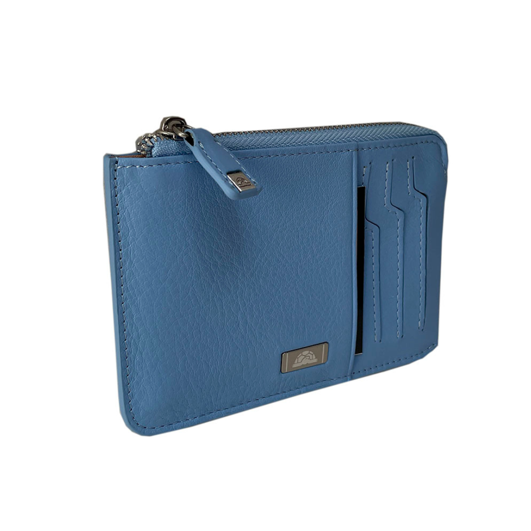 Tony Perotti Contatto light blue card holder — angled back view with zip pocket