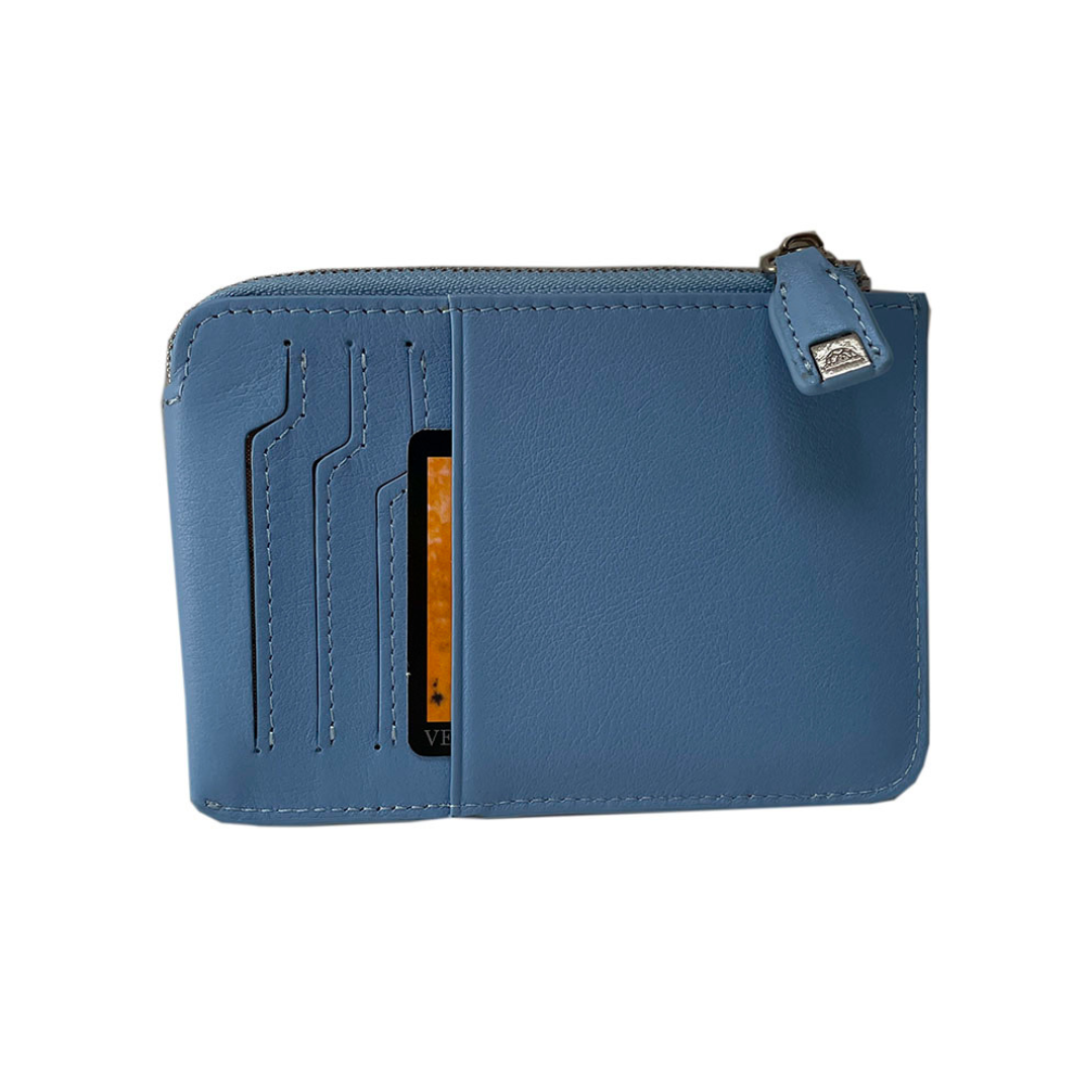 Tony Perotti light blue card holder — back view with zip pocket