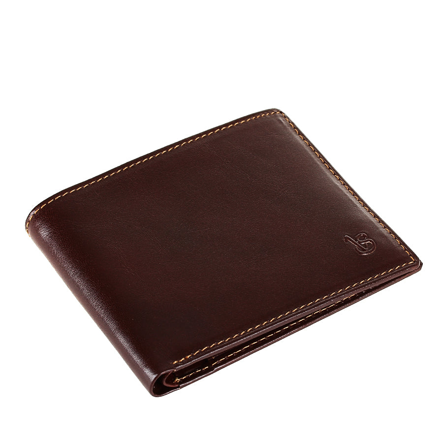 Tony Perotti Viasorte 537 moro dark brown leather bifold wallet lying closed, angled view