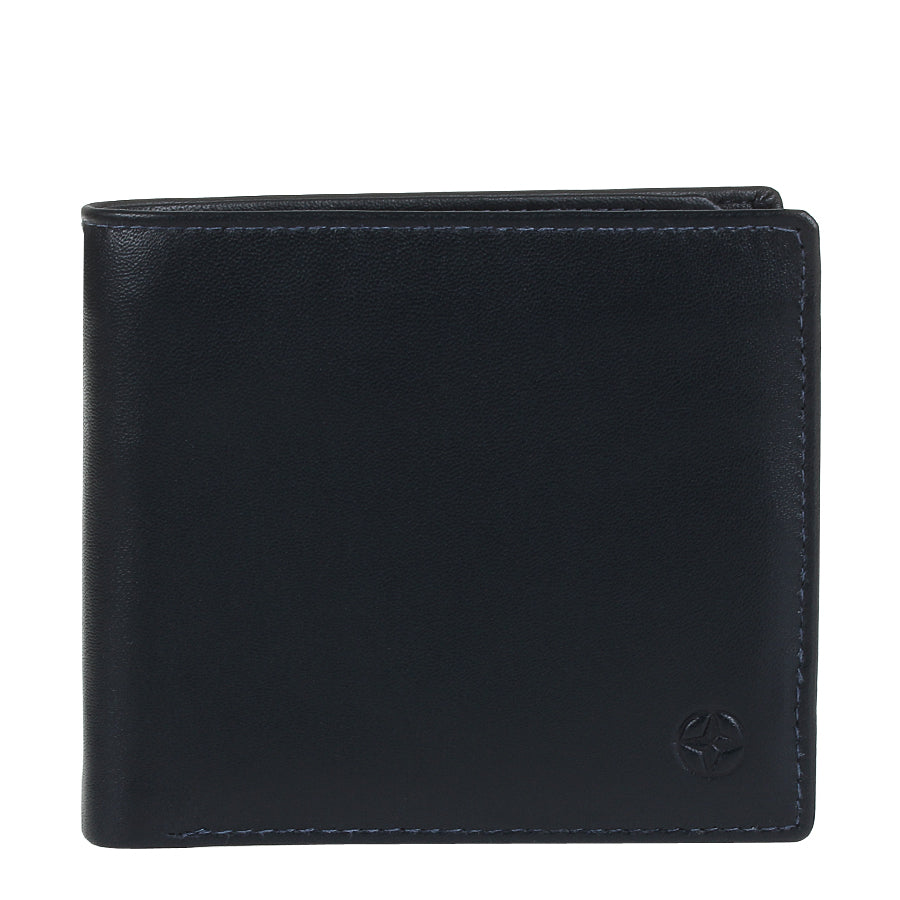 Tony Perotti Cortina 5047 navy calf leather bifold wallet with embossed compass emblem — handcrafted in Italy
